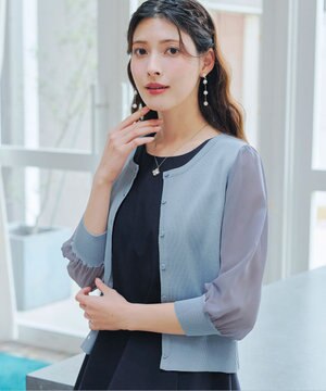  【洗える】パフスリーブコンビカーディガン