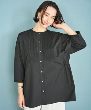 【洗濯機可能/シワになりにくい】〈お腹・腰回りをカバー〉ピンタックデザインスクエアブラウス