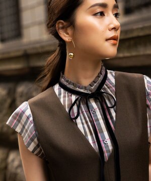  【リボンタイ付き】シアーツイルチェック ブラウス