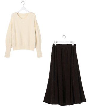  【2SET】フェザー ニット × フロッキー スカート