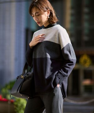  【洗える】ウールカシミヤ カラーブロック チュニック ニット