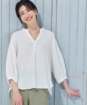  【手洗い可能】ヨーロピアンリネンスキッパーネックブラウス