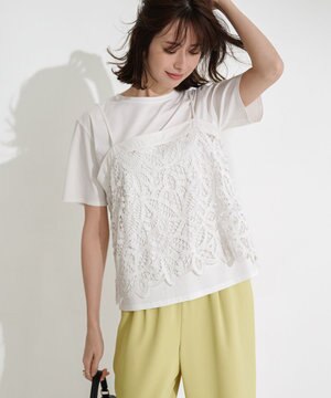 【好評につき新色追加/汗じみ防止】エンブロイダリージャージー レースキャミソール付き カットソー