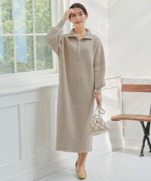  【洗える】ハーフジップリブニットワンピース