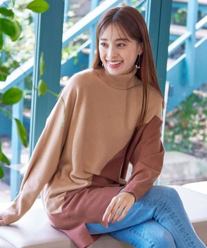  【洗える】配色ドルマンニットチュニック