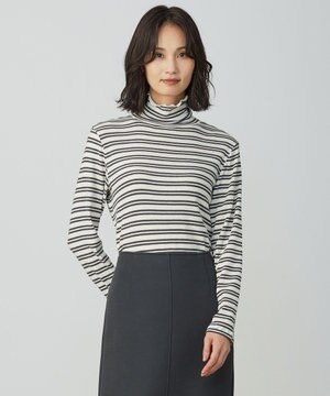  カシミヤシルク シアーリブ ボーダー タートル カットソー