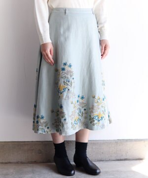  〈通年着られる心地よいリネンウール〉フクシアの花刺繍 後ろゴム有り・裏地有り フレアースカート