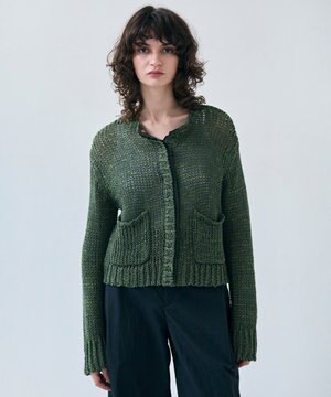  【洗える】THYME / クルーネックコットンメッシュカーディガン