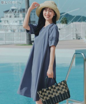  【選べる着丈・新色追加】ギャザーランタンスリーブワンピース