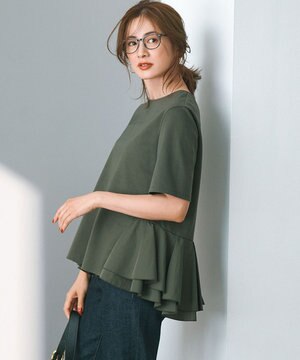  【洗える】コットンポンチコンビジャージー ペプラム カットソー