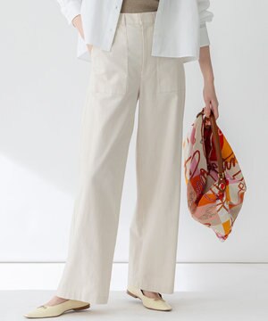  【洗える】スラブツイルストレッチ ワイド パンツ