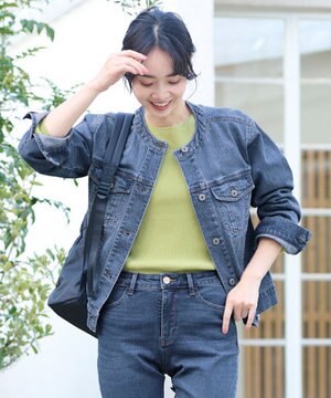  【洗濯機可能・ストレッチ】ノーカラー デニムジャケット