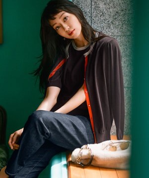  【洗える】サステナブルウール バイカラー カーディガン