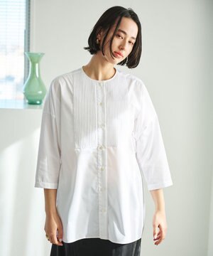  【洗濯機可能/シワになりにくい】〈お腹・腰回りをカバー〉ピンタックデザインスクエアブラウス