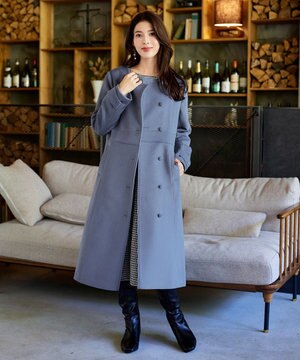  【ウール95%】ノーカラー包みボタンAラインコート