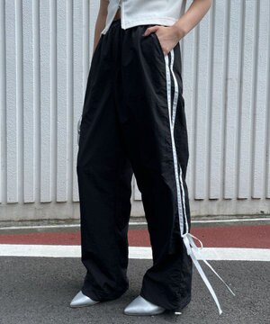  【ウエストゴム】ラインリボンデザインナイロンバンツ