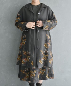  〈通年着られる心地よいリネンウール〉フクシアの花刺繍 シェルボタン使用 裏地有り テーラードカラー比翼仕立てコート