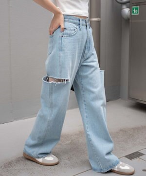  サイドスリットデニムストレートパンツ