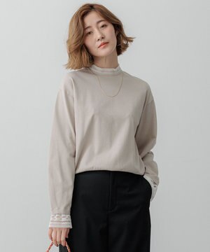  【洗える】ヴィスコースストレッチ レースコンビ ニット