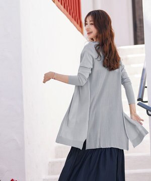  【洗える】バックリブプリーツ編みロングカーディガン