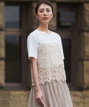 【好評につき新色追加/汗じみ防止】エンブロイダリージャージー レースキャミソール付き カットソー