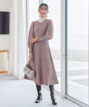  リブニットパフスリーブワンピース