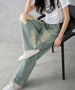  ヴィンテージウォッシュダメージデニムパンツ