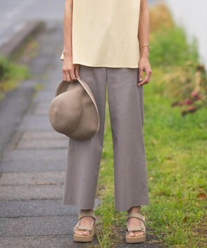  【洗える】麻ポリエステルストレッチ ワイド パンツ