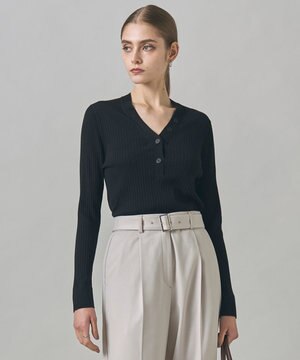  【洗える】エクストラファインメリノリブ ヘンリーネック プルオーバー