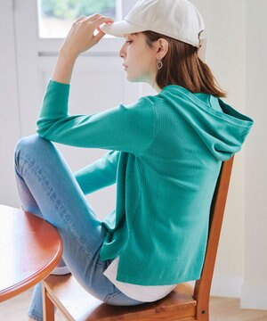  【洗える】サマーニットフードパーカートップス