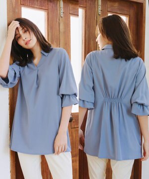    【洗える】バックシャーリングスキッパーチュニックブラウス