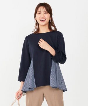  【洗える】異素材コンビペプラム トップス
