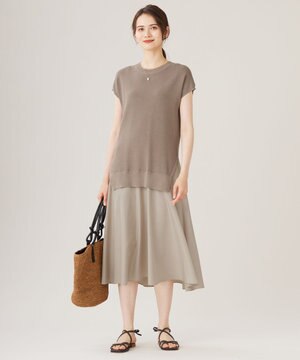  【カタログ掲載・洗える】ハイツイストコットンアセテート異素材コンビ ワンピース