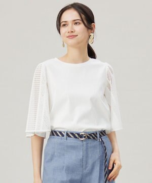  【洗える】レースエッジフレアスリーブ トップス