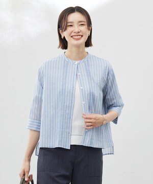 【洗える】シアーピンストライプ ブラウスライク カットソー