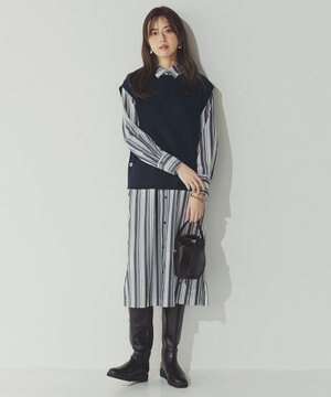 【洗える/セットアイテム】ウールブレンドベスト×ストライプワンピ