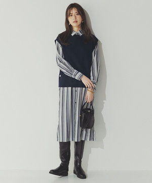 【洗える/セットアイテム】ウールブレンドベスト×ストライプワンピ
