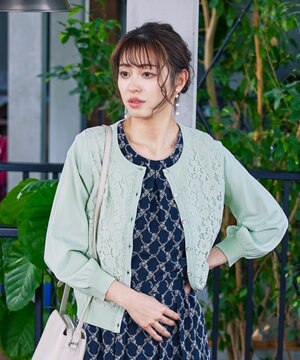  【洗える】7分袖前身レースカーディガン