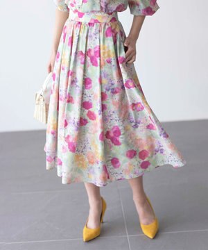  ピオニーシフォンプリント フレアスカート