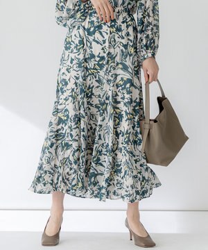  【洗える】ニュアンスフラワープリント フレア スカート