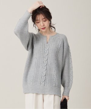  【洗える】キーネックケーブル ニット