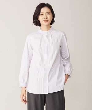  【洗える】BEZ ストライプ フリルネック ブラウス