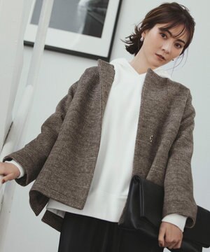 カシミヤブレンドノーカラーサイドスリットショート コート