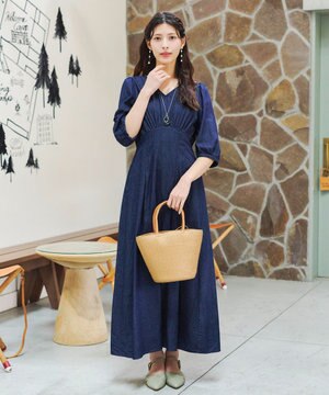  【洗える】デニムタックギャザーワンピース