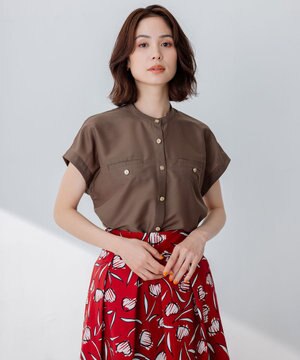  【洗える・涼感】シアーボイルバンドカラー ブラウス