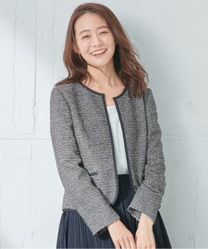  シャイニーストレッチツイード ノーカラージャケット