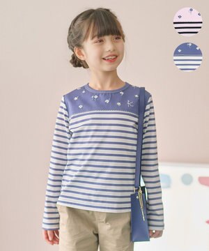  【150-160㎝】フラワー刺繍ボーダー Tシャツ