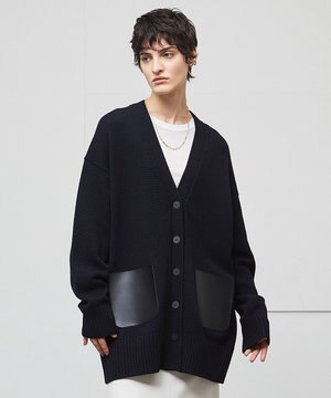  【洗える】LEADER / フェイクレザーポケットオーバーサイズカーディガン