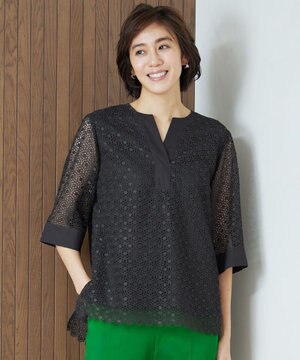  【洗える】ジオメトリックフラワーレースプルオーバー ブラウス