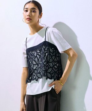 【好評につき新色追加/汗じみ防止】エンブロイダリージャージー レースキャミソール付き カットソー